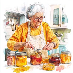 8 imágenes prediseñadas de abuela cocinando, imágenes prediseñadas de elaboración de mermelada, acuarela imprimible, PNG de alta calidad, descarga digital, manualidades de papel, diarios basura