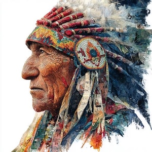 Puede incluir: Retrato detallado de una persona indígena de perfil, con un tocado tradicional. El tocado presenta detalles en rojo, blanco y azul, con intrincados abalorios y plumas. El rostro de la persona muestra edad y sabiduría, con una expresión seria.
