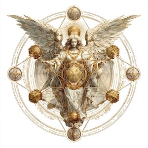 May include: An angelic figure with large feathered wings, depicted in a detailed, vintage style. The artwork features a central figure in flowing white robes, surrounded by geometric shapes and celestial elements in gold and cream tones. The overall theme is spiritual and mystical.