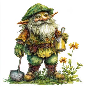 Puede incluir: Ilustración en acuarela de un gnomo de jardín con una larga barba blanca, que lleva un sombrero verde y sostiene una pala y una regadera. El gnomo viste ropa verde y marrón y está en un jardín con flores amarillas.