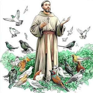 4 San Francesco d'Assisi PNG Uccelli Clipart Download Digitale Linea Arte Disegno Bundle Fede Carta Artigianato Junk Journal Cristiano Cattolico Stampa