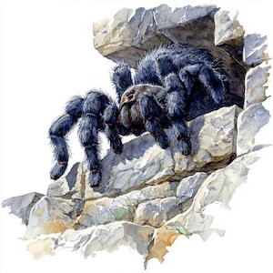 Peut inclure: Illustration à l'aquarelle d'une grande tarentule noire émergeant d'une structure en pierre. L'araignée a un corps et des pattes poilus, avec une représentation détaillée de ses caractéristiques. L'œuvre est sur fond blanc, mettant en valeur l'araignée et la pierre.
