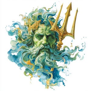 Può includere: Illustrazione ad acquerello di una figura barbuta dalla pelle verde con una corona d'oro e un tridente. La figura è circondata da acqua blu e verde vorticosa, creando una scena drammatica e mitica. L'opera d'arte ha uno stile artistico dettagliato.