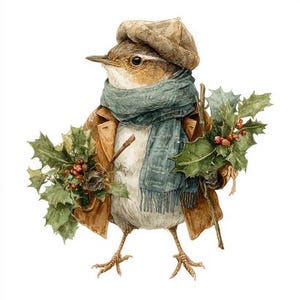 May include: Watercolor illustration of a bird dressed in a tan coat, hat, and a blue scarf, carrying holly branches with red berries. The bird has a detailed, realistic appearance, with a white background.