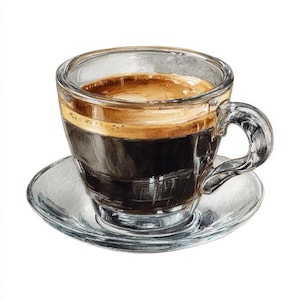 Puede incluir: Ilustración en acuarela de una taza de espresso de vidrio transparente llena de café oscuro y cubierta con una capa de crema. La taza se encuentra sobre un platillo a juego, todo sobre un fondo blanco. La taza tiene un asa.