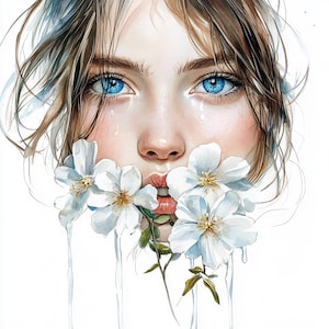 8 retratos florales de rostro de mujer, clipart de niña con flores, acuarela imprimible, PNG de alta calidad, papel digital comercial, manualidades, revistas basura