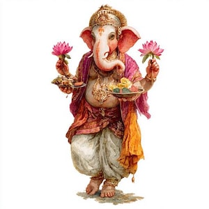 May include: Watercolor illustration of the Hindu deity Ganesha, depicted with an elephant head, holding lotus flowers and trays of offerings. The figure is adorned in ornate jewelry and colorful traditional garments, with a white background.