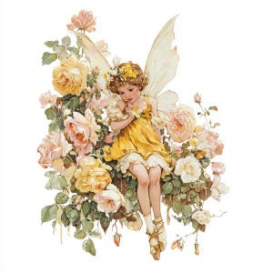 May include: A watercolour illustration of a fairy in a yellow dress with delicate wings, seated amongst lush roses in shades of yellow and pink. The fairy has a floral crown and is surrounded by greenery, creating a whimsical and romantic scene.