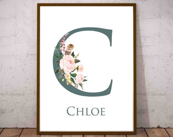 Chloe Baby Name Wall Letter C Monogram Initial C Letter C PRINTABLE Girl Name Art Nursery Art Girls Monogram Custom Letter Print Dark Gray