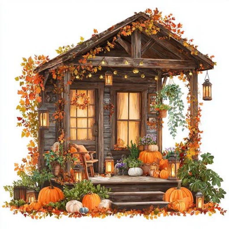8 Autumn House Porch Clipart, Fall Veranda Watercolor Printable ...