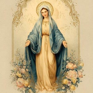 Op de afbeelding: Een vintage-stijl illustratie van een vrouw in een vloeiende blauwe en crèmekleurige jurk, omringd door bloemen. Ze heeft een gouden halo en wordt omlijst door een sierlijke gouden rand. De afbeelding heeft een zachte, verouderde uitstraling.