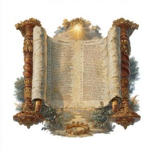 Könnte beinhalten: Illustration einer Pergamentrolle mit hebräischen Texten, flankiert von verzierten goldenen Säulen. Unterhalb der Schriftrolle liegt eine goldene Krone, mit hellem Licht von oben. Die Schriftrolle ist ausgerollt und zeigt den Text.