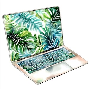 May include: Watercolor illustration of a laptop with a tropical leaf design on the screen. The keyboard and trackpad are painted in shades of green and blue. The laptop is set against a white background.