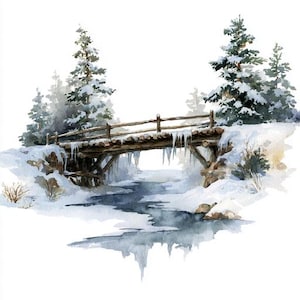 Può includere: Dipinto ad acquerello di una scena invernale innevata. Un rustico ponte di legno attraversa un fiume parzialmente ghiacciato, con ghiaccioli appesi al ponte. Alberi sempreverdi innevati incorniciano il paesaggio, dipinto in tonalità di blu, bianco e marrone.