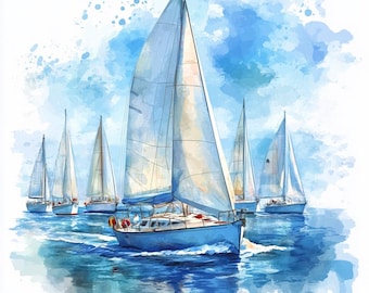 8 aquarel zeilboot regatta clipart zeilen illustraties blauwe nautische afdrukbare digitale download hoge kwaliteit PNG's papier ambachten ongewenste tijdschriften