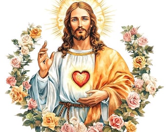 11 Clipart ad acquerello Sacro Cuore di Gesù Clipart floreale di Gesù stampabile PNG di alta qualità Carta artigianale Diari spazzatura Creazione di biglietti Media misti