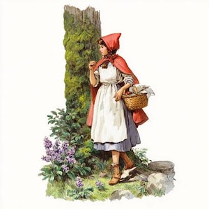 May include: Illustration of a person in a red hooded cape and white dress, carrying a basket. The person is near a tree trunk and purple flowers. The image has a storybook illustration style.