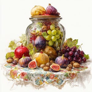 May include: A still life image of a glass jar filled with grapes, figs, and other fruits. The jar is on a table with a floral tablecloth. Several figs, walnuts, and grapes are arranged around the jar.