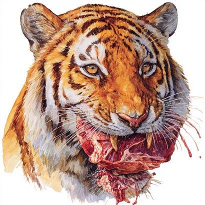 8つの空腹の虎のクリップアート、リアルな野生動物、怒った虎の水彩画