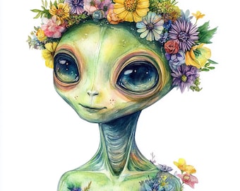 8 Cute Floral Alien Girl Clipart Clip Art Watercolor Printable Fantasy Clipart High Quality PNGs Digital Download Paper Crafts Junk Journal