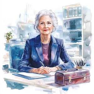 8 Imágenes prediseñadas de mujer de negocios senior, anciana, jefa, joven abuela, imágenes prediseñadas de ancianos, acuarela imprimible, PNG de alta calidad, manualidades, diario