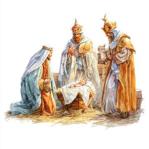 May include: Watercolour illustration of the Nativity scene. Three figures in ornate robes and crowns stand near a baby in a manger. The figures are in shades of gold, blue, and white, with a neutral background.