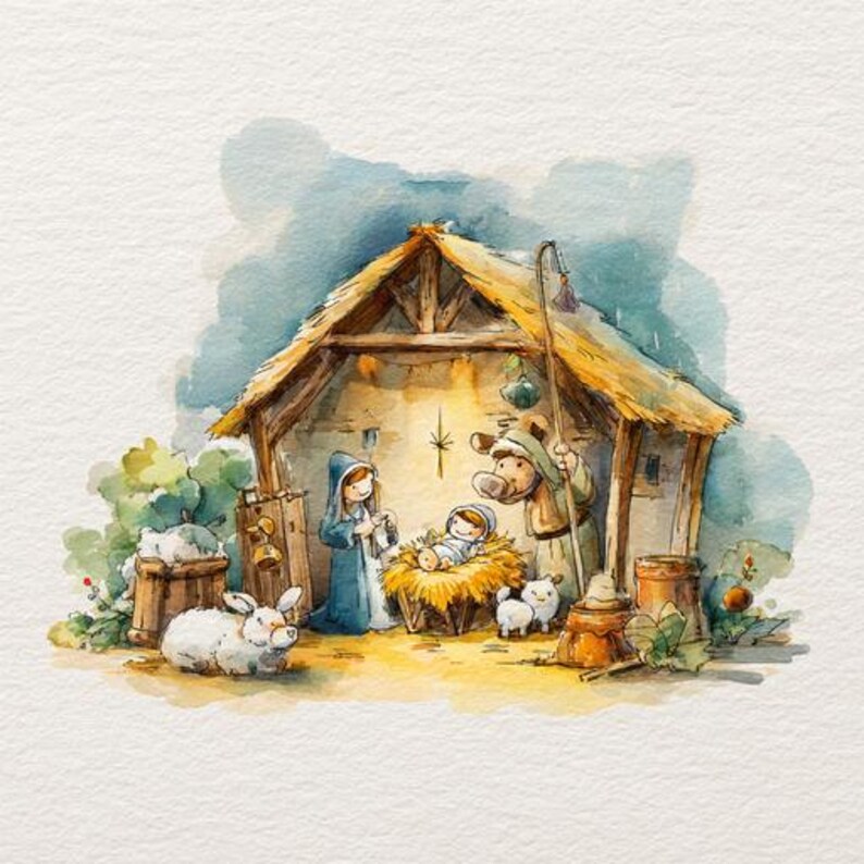 May include: Watercolor illustration of a nativity scene. The image depicts a stable with Mary, Joseph, and baby Jesus. A donkey and sheep are also present. The artwork is done in soft, muted colors.