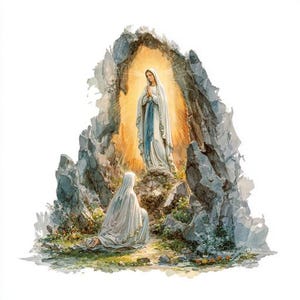 May include: Watercolor illustration of a religious scene. A figure in a white robe stands in a grotto, bathed in golden light. Another figure kneels below, also in white. The rocky landscape is detailed with greenery.