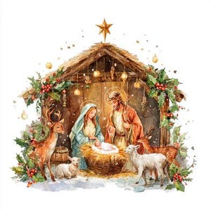 May include: A watercolour illustration of the Nativity. The scene shows Mary, Joseph, and baby Jesus in a manger, with animals and festive foliage. A golden star is positioned above the stable.