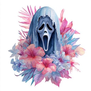 May include: Watercolor illustration of a Scream mask surrounded by pink, blue, and purple flowers and foliage. The mask is light blue with a gaping mouth and hollow eyes, set against a white background.