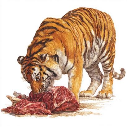 8つの空腹の虎のクリップアート、リアルな野生動物、怒った虎の水彩画