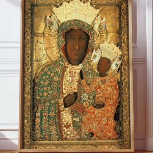 Our Lady of Czestochowa Polish Religious Icon Catholic Virgin Mary Queen of Poland Black Madonna and Child Digital Wall Art Vintage Poster
