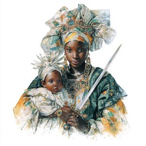 May include: Watercolor painting of a woman holding a baby, both adorned in ornate, traditional attire. The woman wears a turban, elaborate jewelry, and holds a sword. The baby is wrapped in white cloth. The color palette includes greens, yellows, and golds.