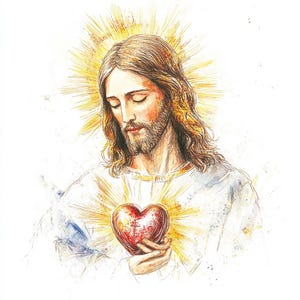May include: Watercolour illustration of a figure with long brown hair and a beard, wearing a white robe. A golden halo surrounds the head. The figure holds a glowing red heart with a cross.