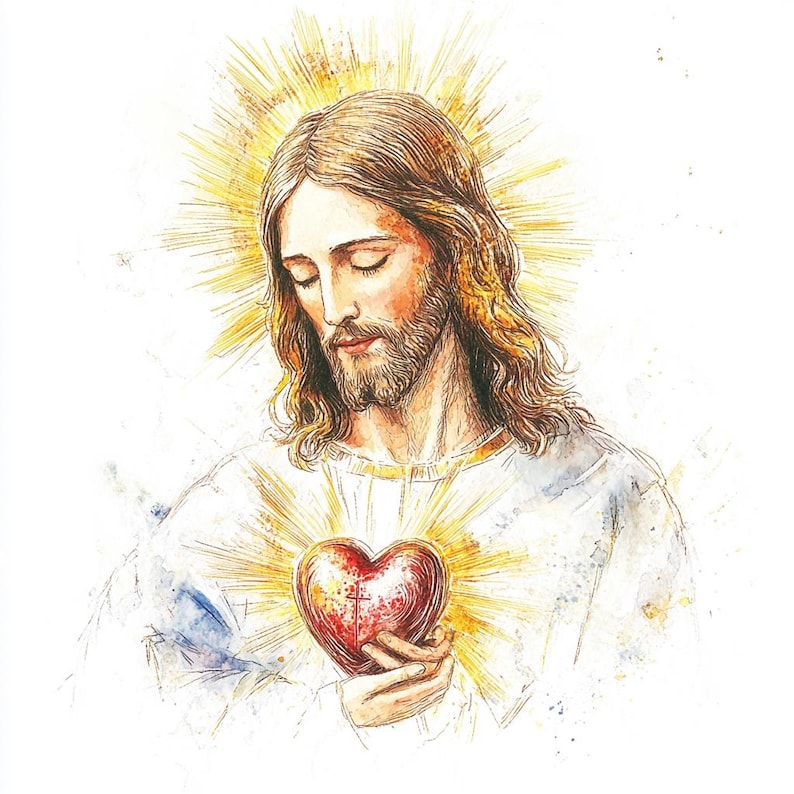 May include: Watercolour illustration of a figure with long brown hair and a beard, wearing a white robe. A golden halo surrounds the head. The figure holds a glowing red heart with a cross.