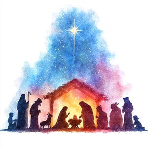 May include: Watercolor illustration of a Nativity scene. Silhouettes of Mary, Joseph, baby Jesus, and the Three Wise Men are gathered around a manger. A bright star shines above the stable, set against a colorful, starry sky.