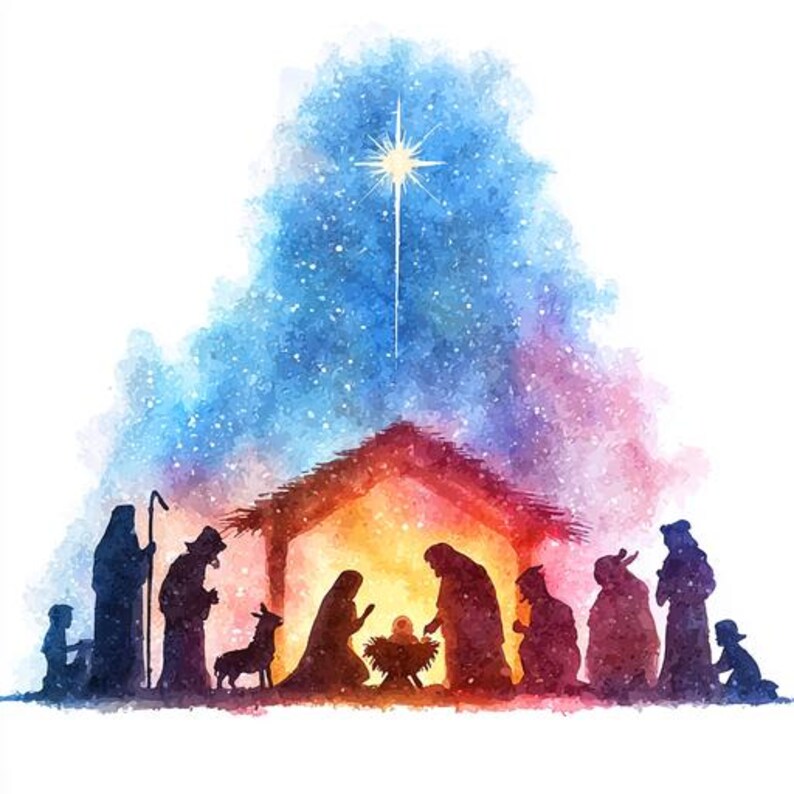 May include: Watercolor illustration of a Nativity scene. Silhouettes of Mary, Joseph, baby Jesus, and the Three Wise Men are gathered around a manger. A bright star shines above the stable, set against a colorful, starry sky.