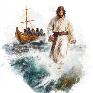 8 Jesus, die auf Wasser gehen Clipart druckbare Aquarell Jesus am Meer Papier Handwerk Digital Katholischen Download Junk Journals Hohe Qualität PNGs