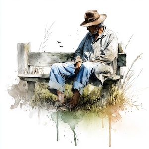8 Clipart di un vecchio contadino seduto su una panchina, illustrazione di un nonno in un villaggio rustico, personaggio rurale, diario, scrapbooking, artigianato di carta