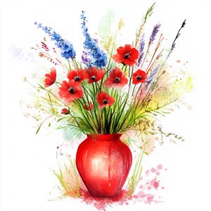 8 Poppies in a Vase Clipart, Red Flowers Clipart Watercolor Printable High Quality PNGs Paper Craft, Junk Journals Card Making Sublimation