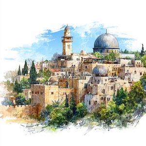 Puede incluir: Pintura a la acuarela de una ciudad de Oriente Medio con edificios beige, una estructura abovedada y un alto minarete. Frondosos árboles verdes y un cielo azul con nubes completan la escena.