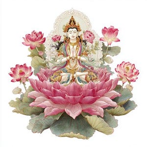 May include: Watercolor illustration of a serene figure in a golden crown and ornate garments, seated in lotus position atop a large pink lotus flower. Surrounded by pink lotus flowers and green leaves, set against a white background.