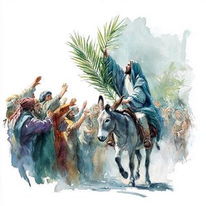May include: Watercolor painting depicting a religious scene. A figure in blue robes rides a donkey, holding palm branches. A crowd of people with raised arms surrounds them, painted in shades of blue, orange, and yellow. The artwork has a soft, ethereal quality.