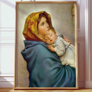 Madonna and Child by Roberto Ferruzzi Traditional Print Our Lady Virgin Mary Download Vintage Painting of Mother of God Commercial Use PNG