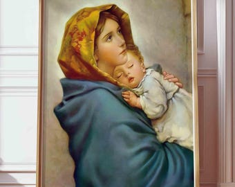 Madonna and Child by Roberto Ferruzzi Traditional Print Our Lady Virgin Mary Download Vintage Painting of Mother of God Commercial Use PNG