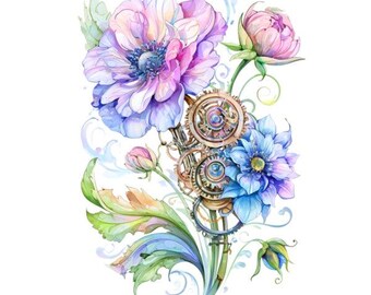17 Abstract Flowers Clipart,  Floral Steampunk, Watercolor Printable High Quality PNGs Junk Journals Paper Crafts Scrapbook Digital Download