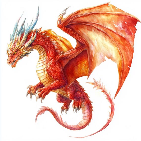 8つの赤いドラゴンのクリップアート水彩画印刷可能なファンタジー