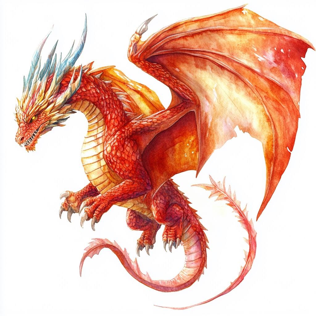 8つの赤いドラゴンのクリップアート水彩画印刷可能なファンタジー
