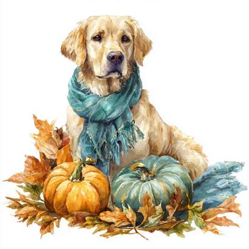 8 Autumn Golden Retriever Clipart Fall Animals With Pumpkins Watercolor ...