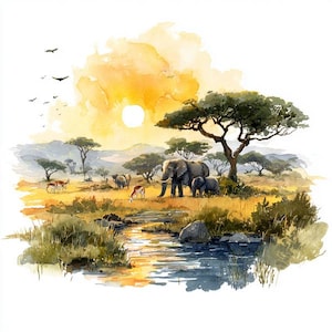 Peut inclure: Peinture à l'aquarelle d'une scène de savane africaine avec des éléphants, des arbres et des animaux sauvages. L'œuvre présente un coucher de soleil vibrant, une rivière et des oiseaux en vol, capturant l'essence du paysage africain.